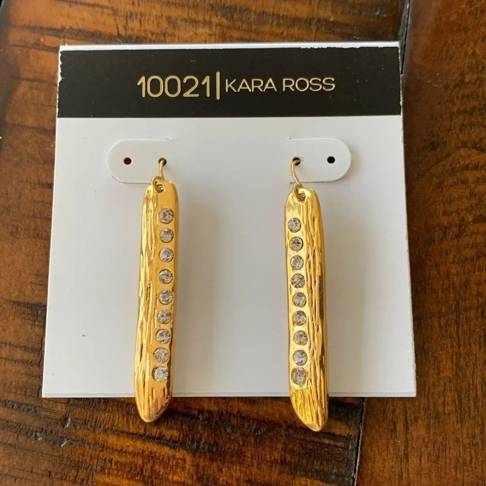 Kara Ross 10021 Gold Tone Bar Earrings, Crystal Accents